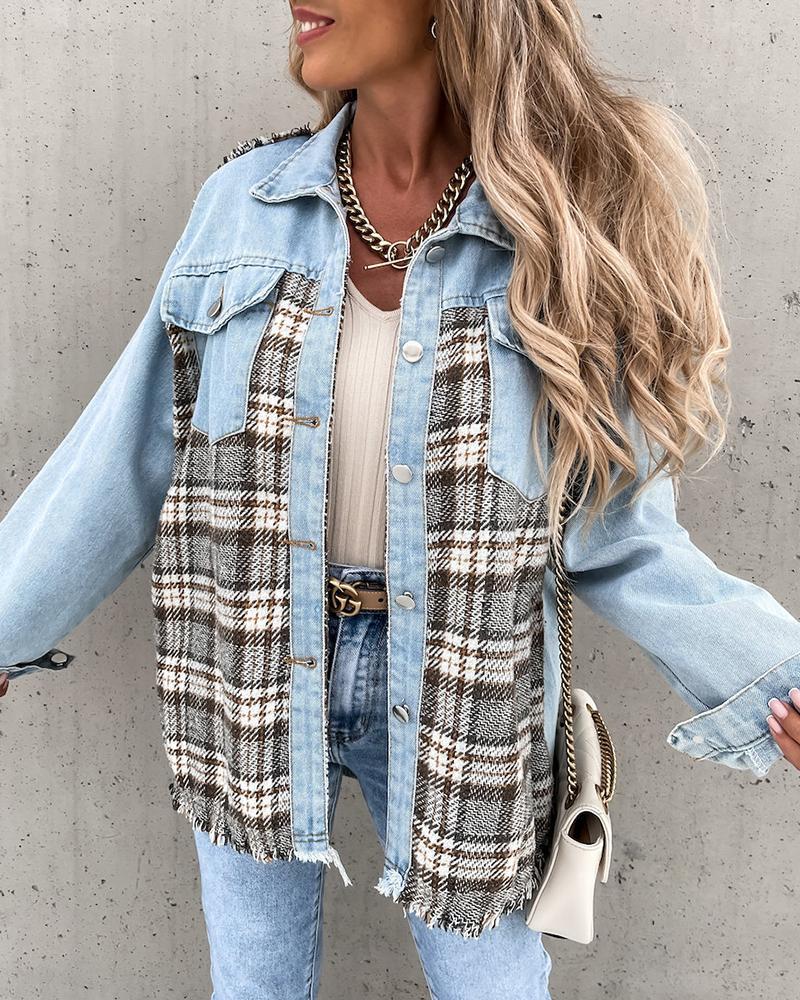 Plaid Spliced Raw Edge Button Up Denim Jacket-yoyobikini