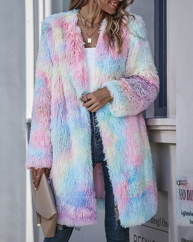 Tie Dye Fuzzy Open Front Coat-yoyobikini