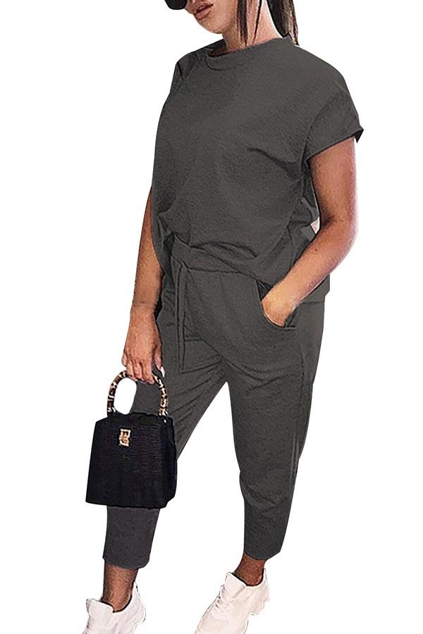 Solid Short Sleeve Tee Pocket Capri Sports Set-yoyobikini