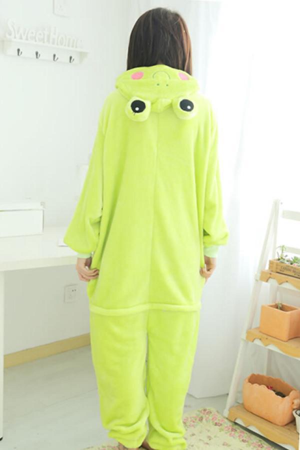Green Cute Ladies Flannel Pajamas Comfortable Frog Jumpsuit Costume-yoyobikini