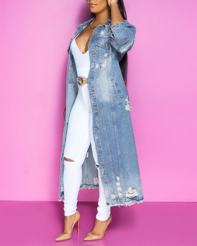 Ripped Button Up Flap Pocket Longline Denim Coat-yoyobikini