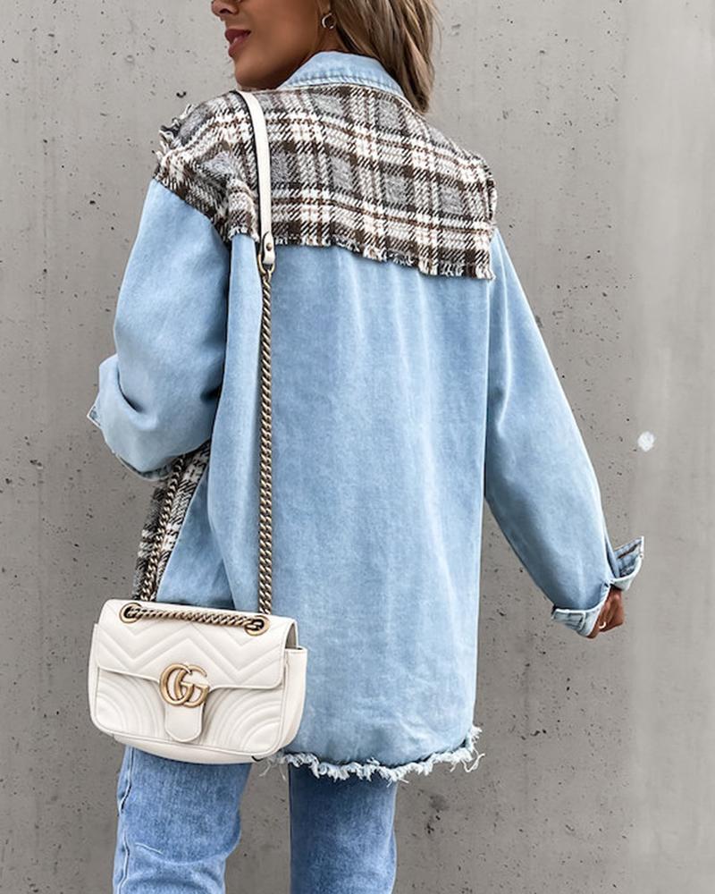Plaid Spliced Raw Edge Button Up Denim Jacket-yoyobikini
