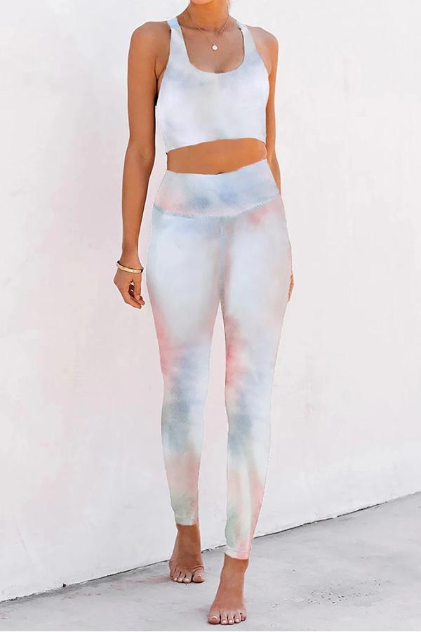 Sports Racerback Crop Top High Wasited Legging Tie Dye Workout Set-yoyobikini