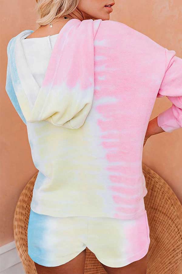 Long Sleeve Tie Dye Hooodie And Shorts Pajamas Set-yoyobikini