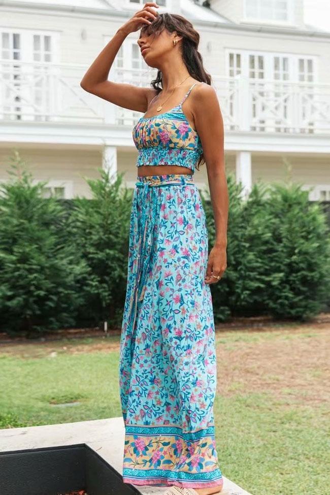 Bohemian Print Shirred Crop Top with High Waist Pants-yoyobikini