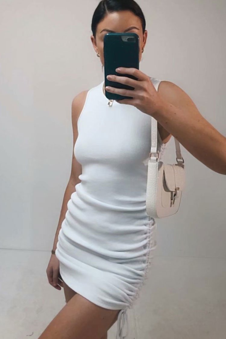 Drawstring Side Ruched Ribbed Tank Dress-yoyobikini