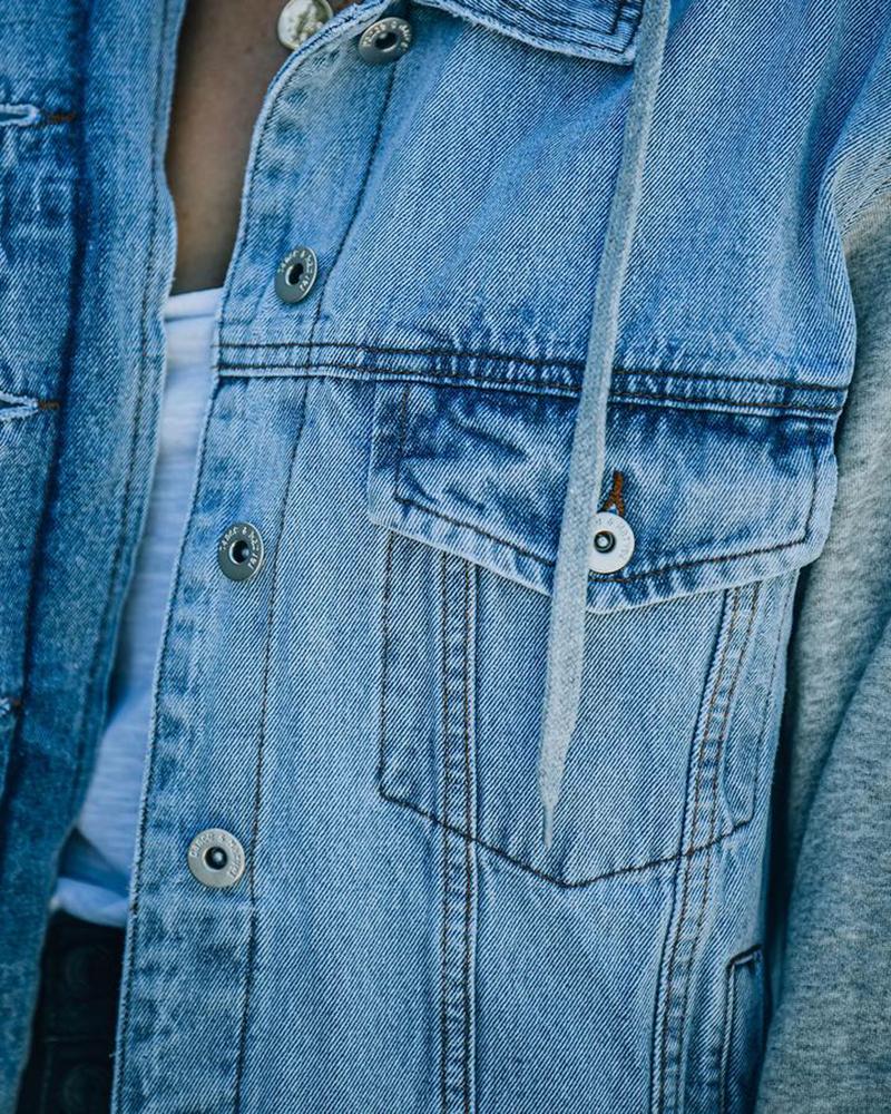 Raw Edge Drawstring Flap Pocket 2 In 1 Hooded Denim Jacket-yoyobikini