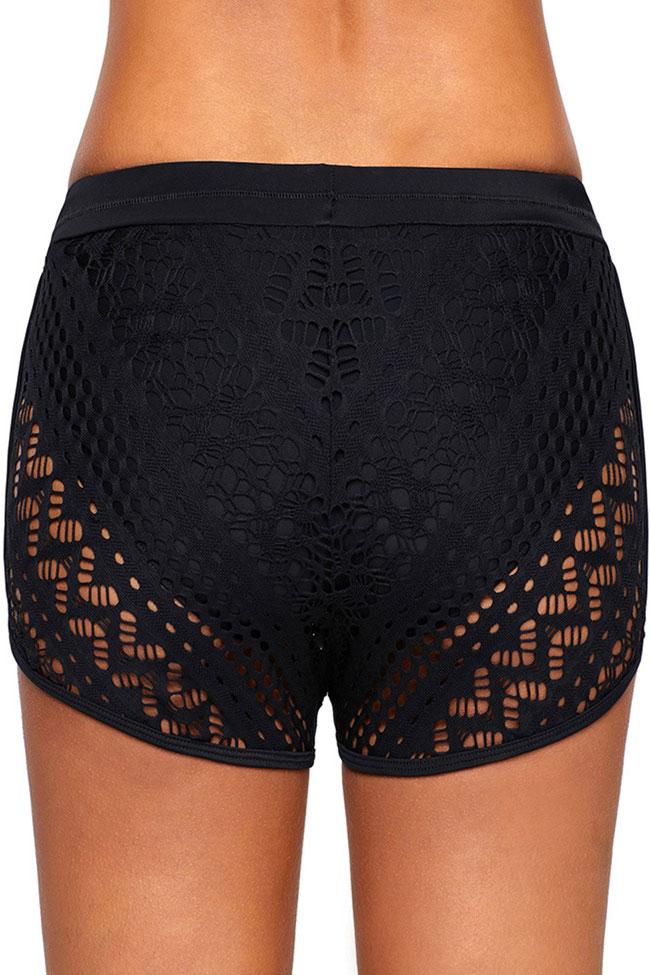 Tied Front Hollow Out Lace Overlay Boyshort Bikini Bottom-yoyobikini
