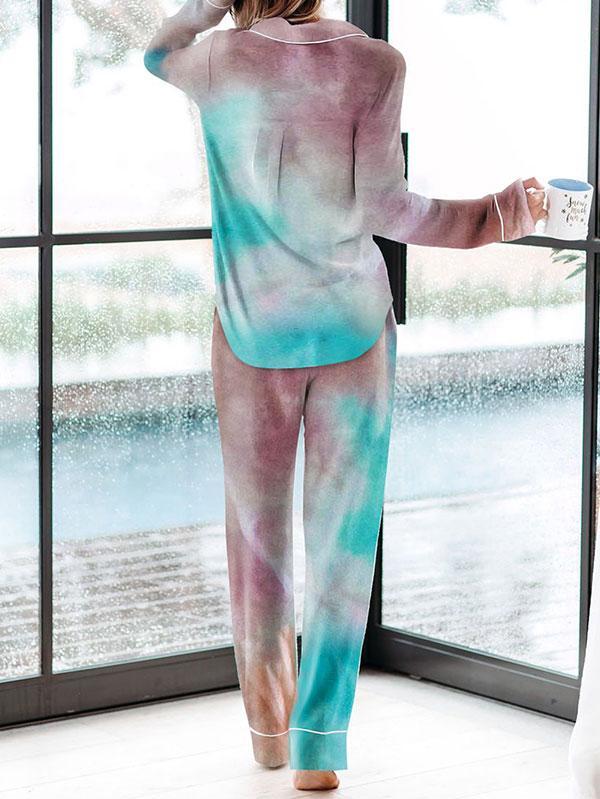 Tie Dye Long Sleeve Top Drawstring Pocket Pants Pajama Set-yoyobikini