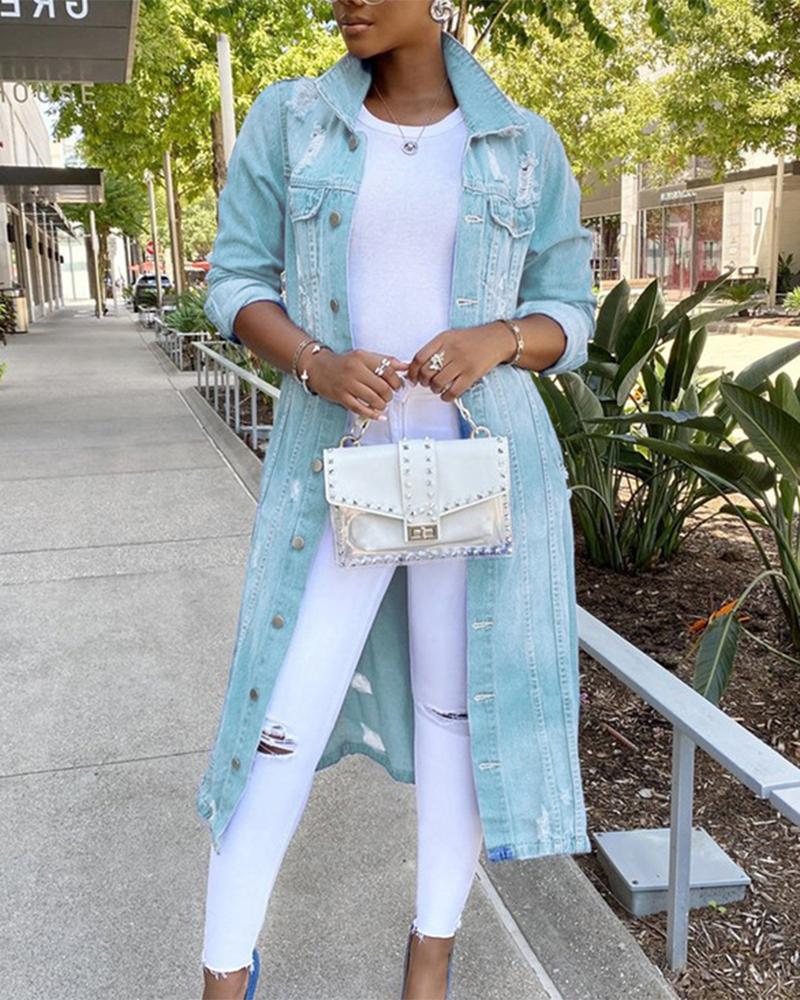 Ripped Button Up Flap Pocket Longline Denim Coat-yoyobikini