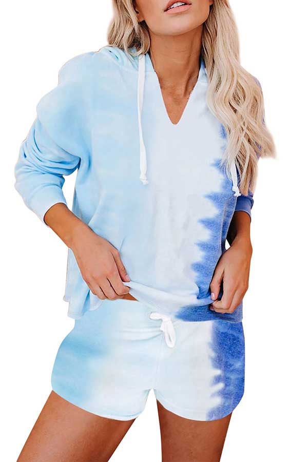 Long Sleeve Tie Dye Hooodie And Shorts Pajamas Set-yoyobikini