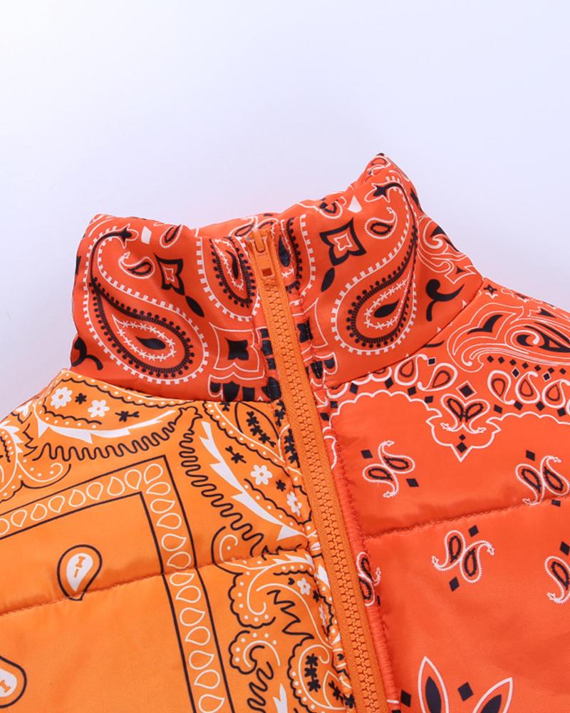 Paisley Pattern Zip Up Crop Puffer Jacket-yoyobikini