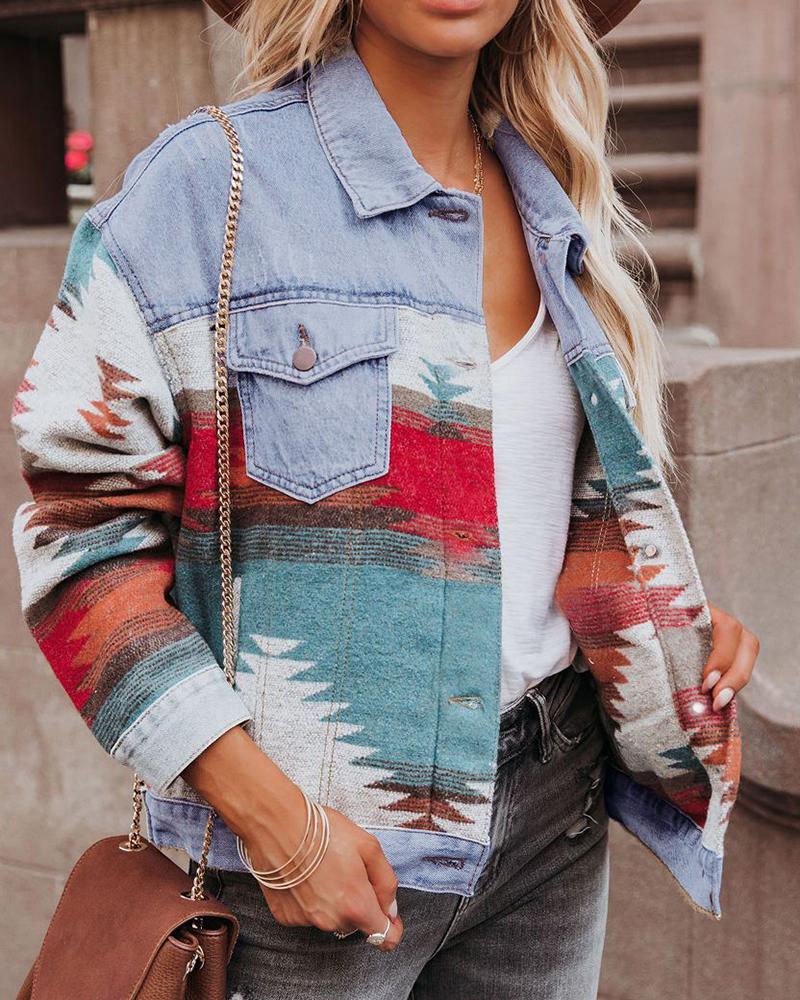 Graphic Print Flap Pocket Front Denim Jacket-yoyobikini