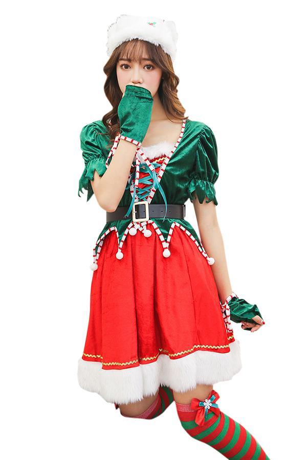 Womens Lace Up Short Sleeve Elf Christmas Dress Santa Help Costume Red-yoyobikini