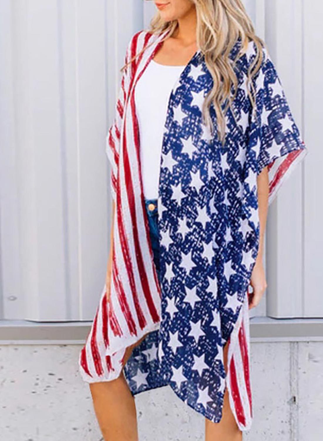 Half Sleeve Shawl Flag Kimono Cover Up-yoyobikini