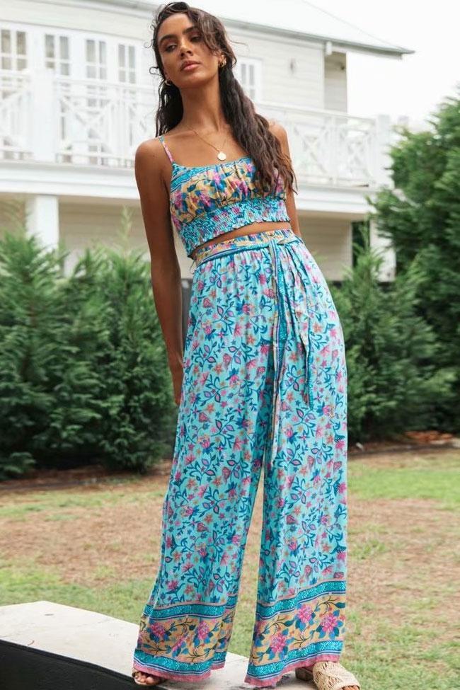Bohemian Print Shirred Crop Top with High Waist Pants-yoyobikini
