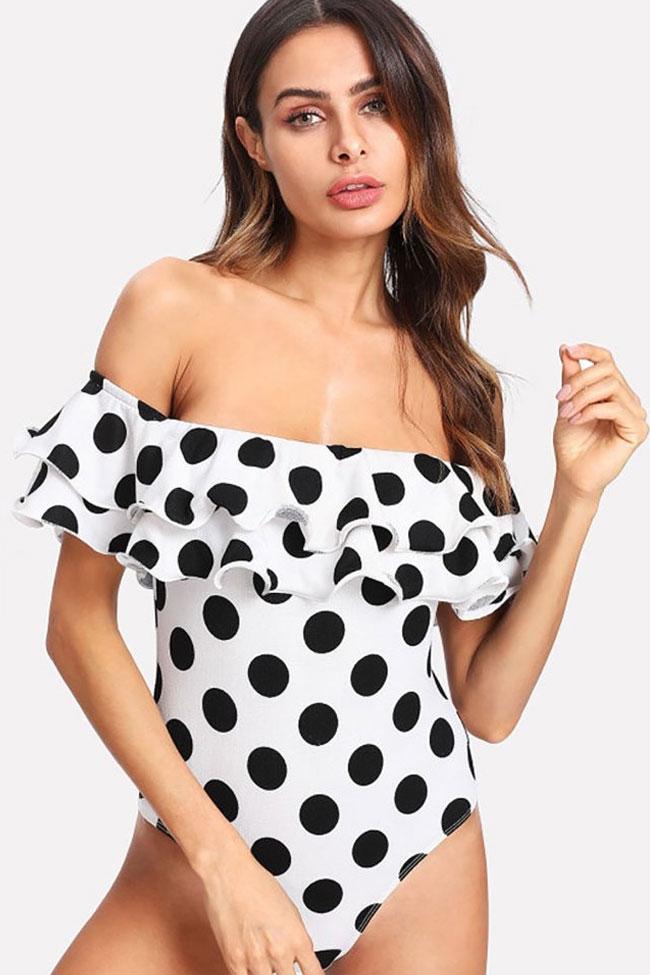 Vintage Polka Dot Off The Shoulder One Piece Swimsuit-yoyobikini