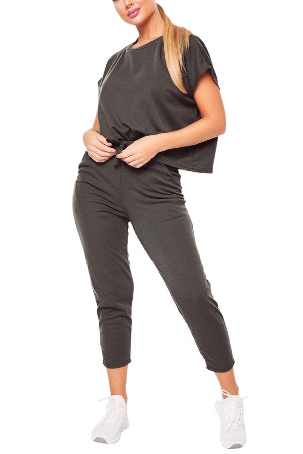 Solid Short Sleeve Tee Pocket Capri Sports Set-yoyobikini