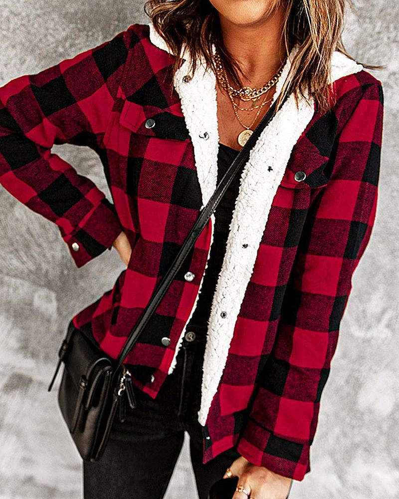 Thermal Lined Plaid Button Up Flap Pocket Coat-yoyobikini