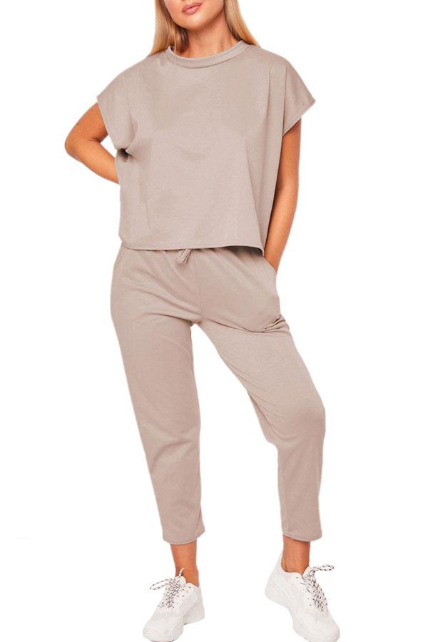 Solid Short Sleeve Tee Pocket Capri Sports Set-yoyobikini