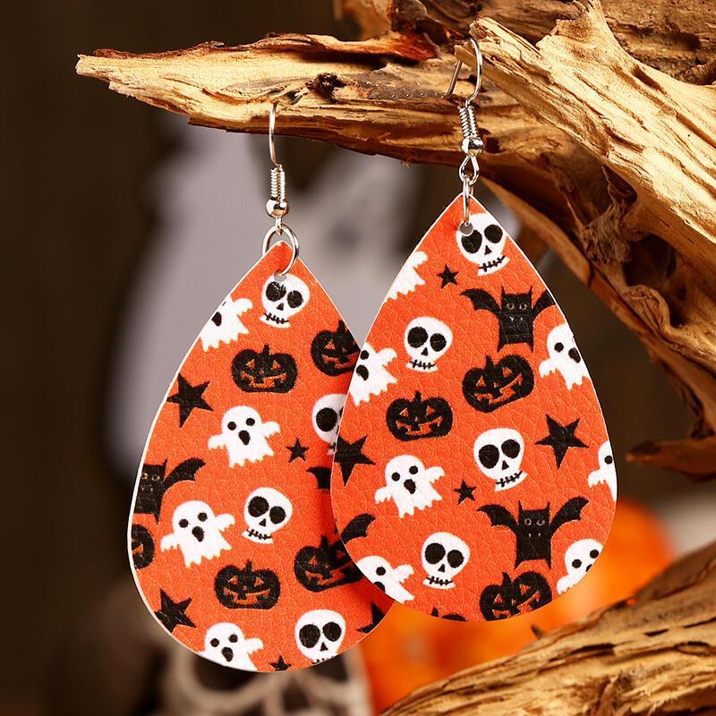 Halloween Pumpkin Skull Star Water Drop Leather Earrings-yoyobikini