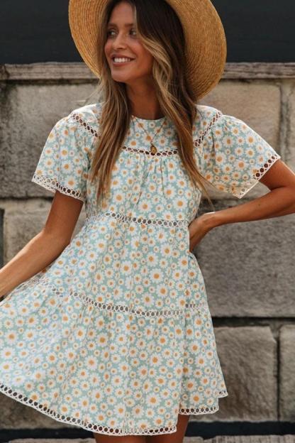 Daisy Floral Sleeved Openwork Beach Babydoll Dress