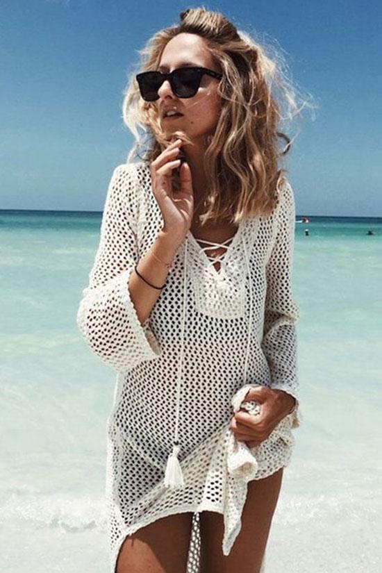 Breezy Lace Up Openwork Crochet Tunic Cover Up-yoyobikini