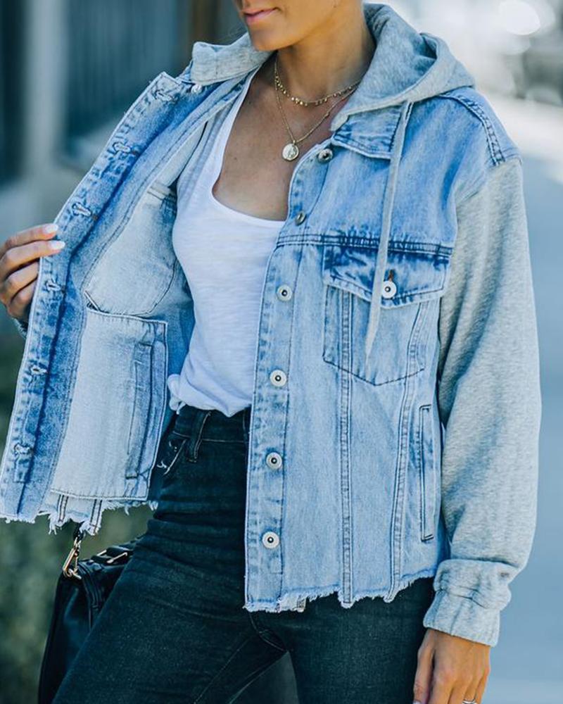 Raw Edge Drawstring Flap Pocket 2 In 1 Hooded Denim Jacket-yoyobikini