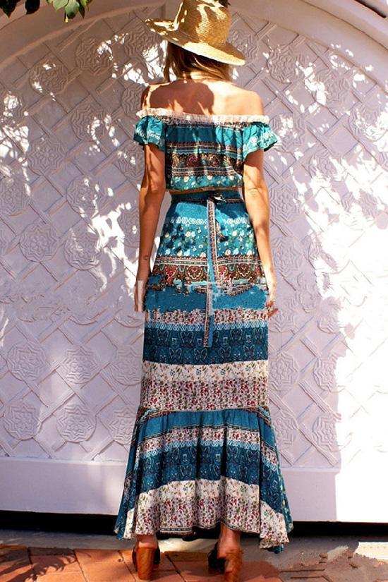 Blue Boho Off Shoulder Top with Maxi Skirt-yoyobikini