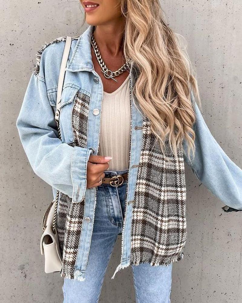 Plaid Spliced Raw Edge Button Up Denim Jacket-yoyobikini