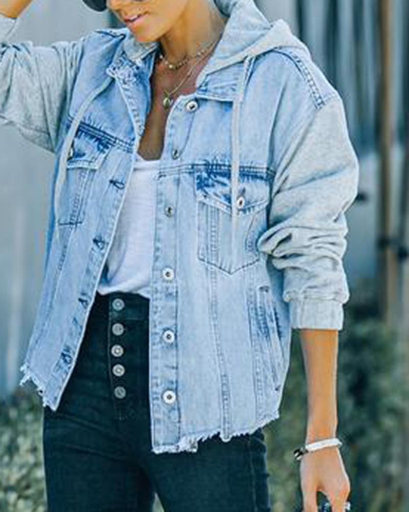 Raw Edge Drawstring Flap Pocket 2 In 1 Hooded Denim Jacket-yoyobikini