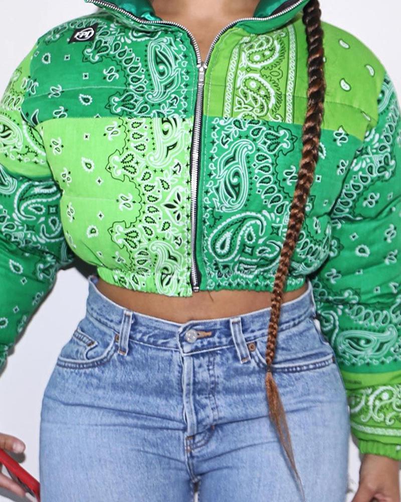 Paisley Pattern Zip Up Crop Puffer Jacket-yoyobikini