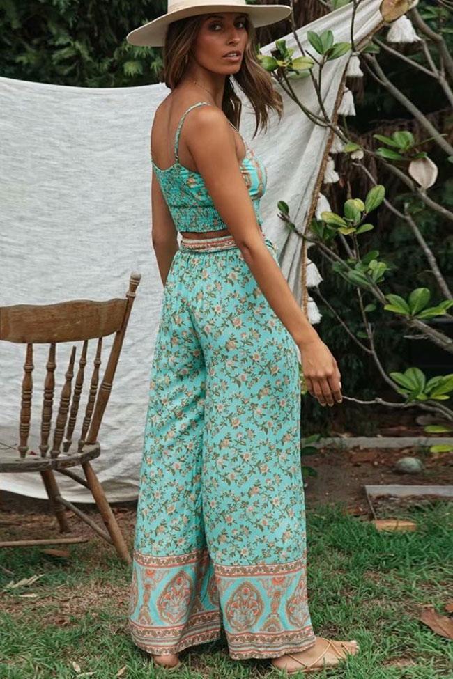 Bohemian Print Shirred Crop Top with High Waist Pants-yoyobikini