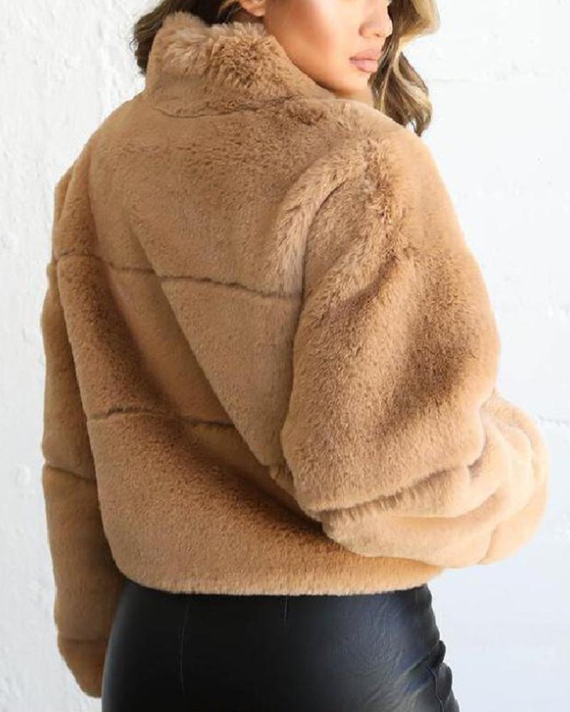 Solid Zip Up Collar Teddy Jacket-yoyobikini