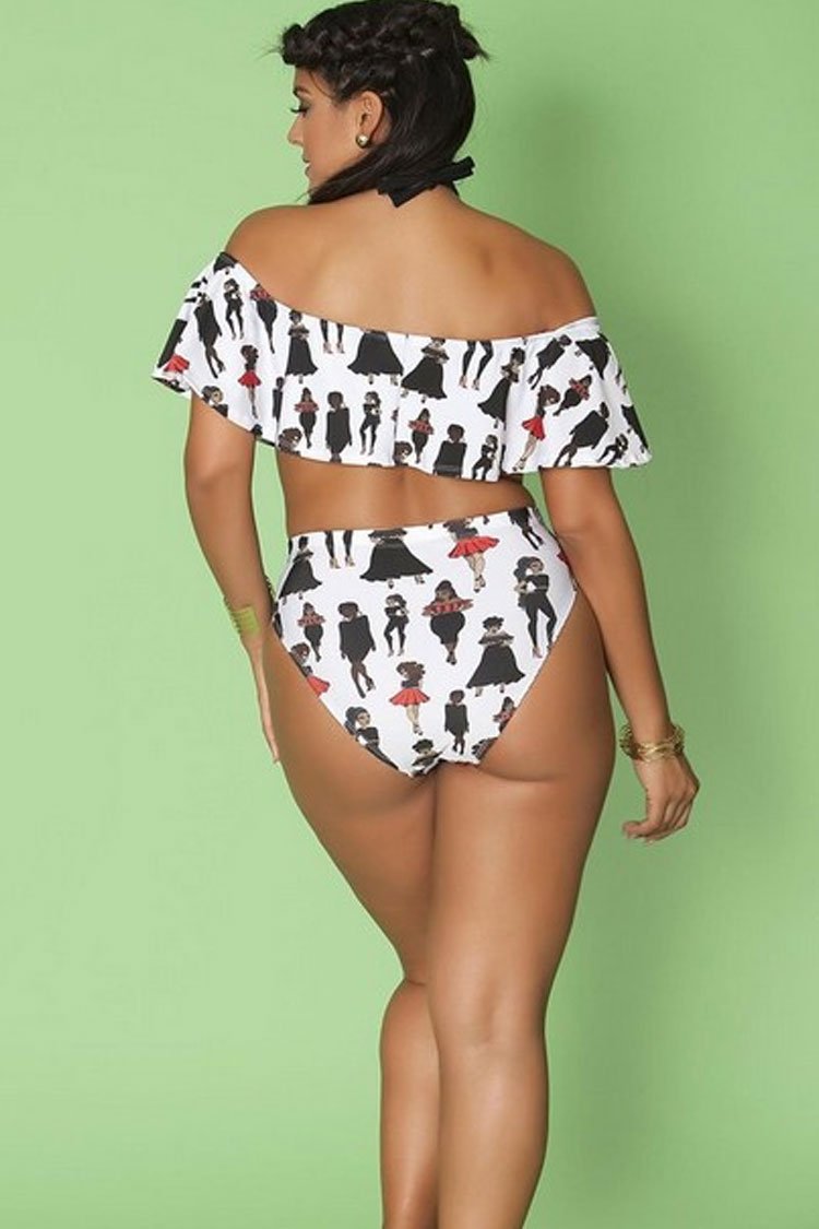 Plus Size Pretty Girl High Waist Halter Ruffle Off Shoulder Bikini Swimsuit - Two Piece Set-yoyobikini