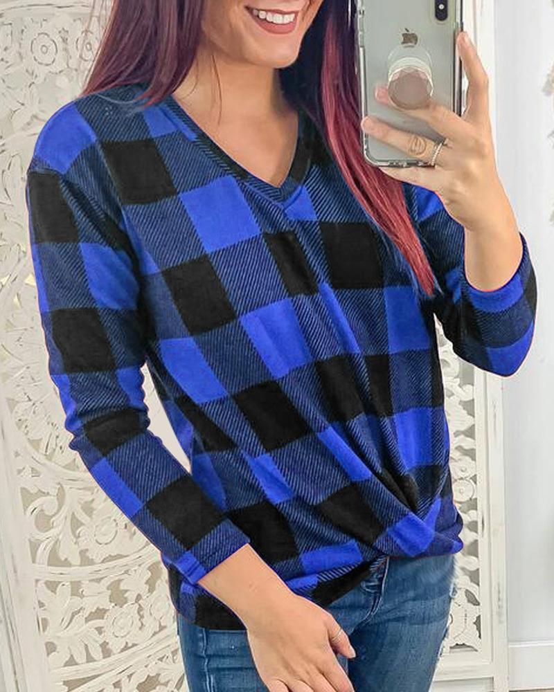 V Neck Long Sleeve Plaid Top-yoyobikini