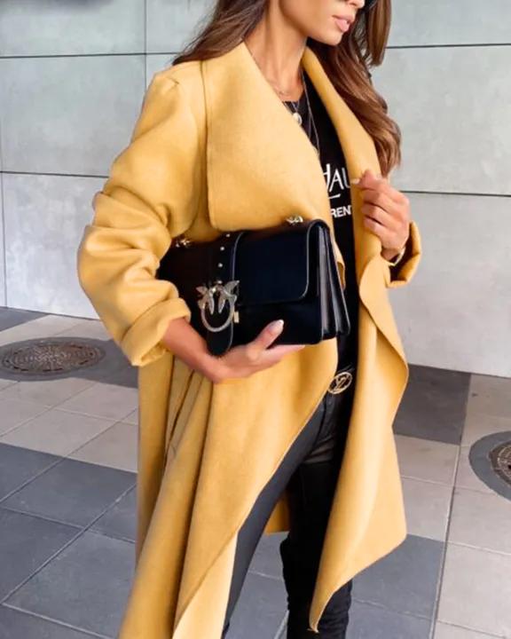 Solid Belted Waterfall Collar Coat-yoyobikini