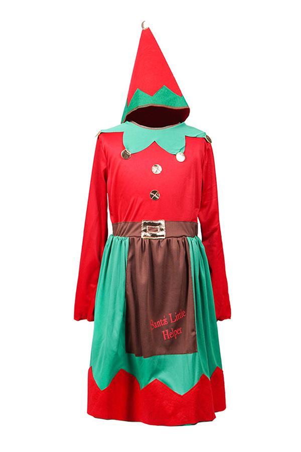 Long Sleeve Girls Christmas Santa Little Helper Elf Costume Dress Red-yoyobikini