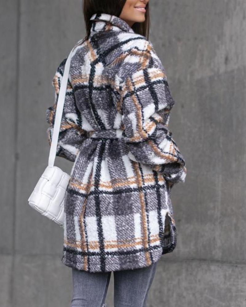 Plaid Print Button Front Belted Split Hem Pocket Detail Coat-yoyobikini