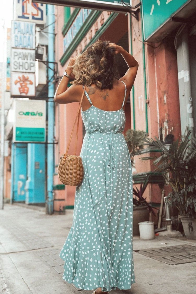 Polka Dot Asymmetric Ruffle Button Down Beach Maxi Dress