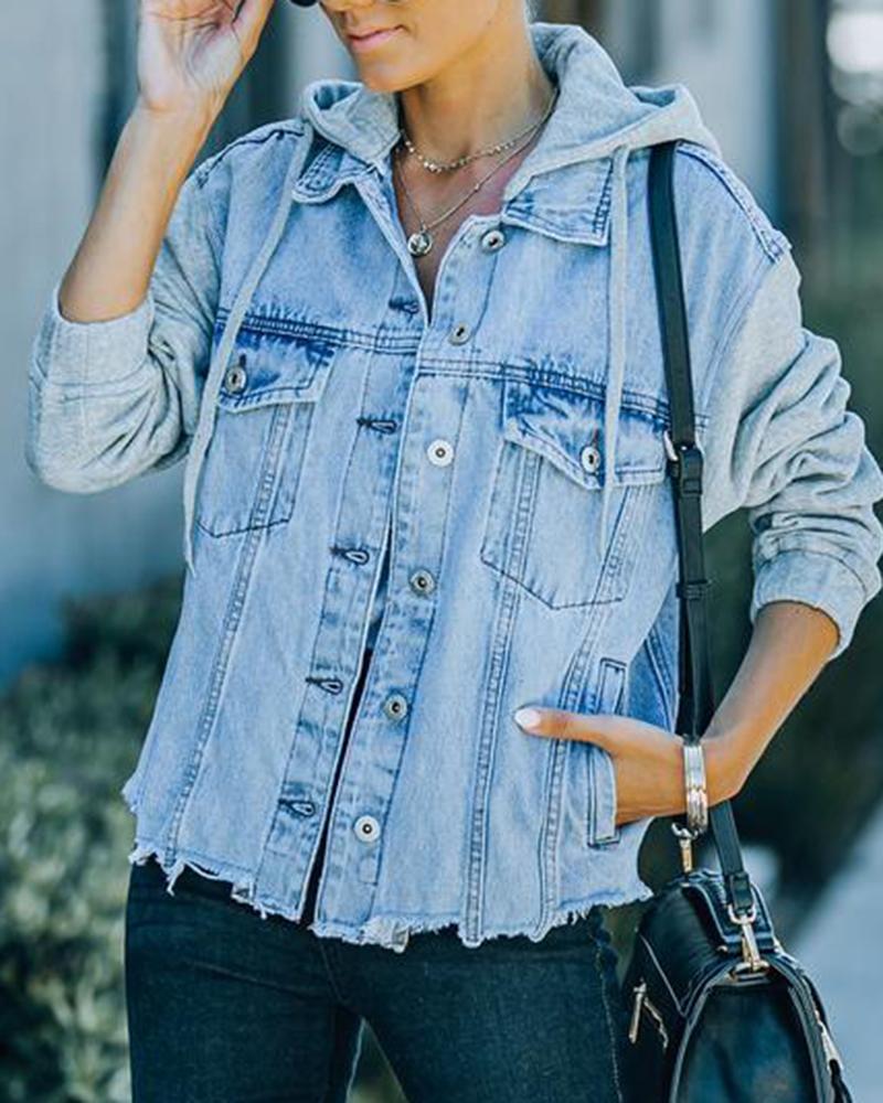 Raw Edge Drawstring Flap Pocket 2 In 1 Hooded Denim Jacket-yoyobikini