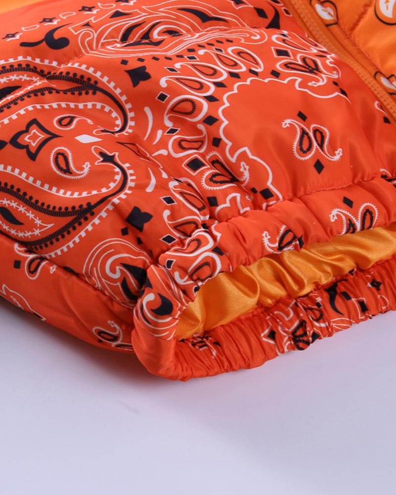 Paisley Pattern Zip Up Crop Puffer Jacket-yoyobikini