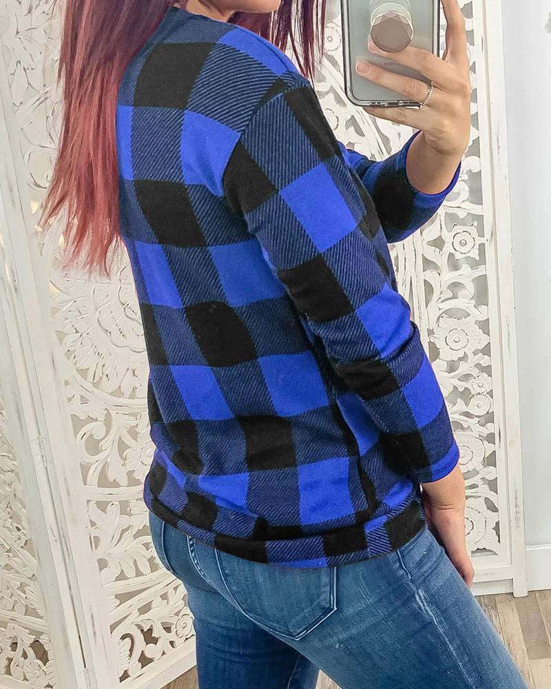 V Neck Long Sleeve Plaid Top-yoyobikini