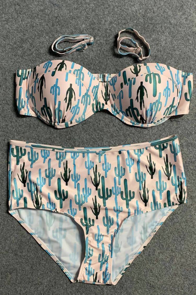 Plus Size High Waist Cactus Underwire Bandeau Bikini Swimsuit - Two Piece Set-yoyobikini