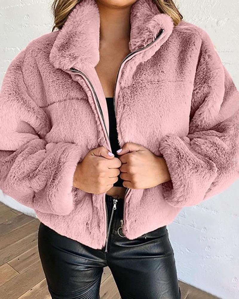 Solid Zip Up Collar Teddy Jacket-yoyobikini