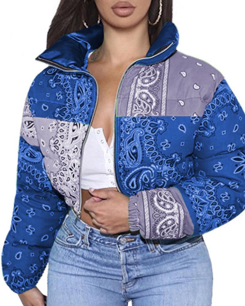 Paisley Pattern Zip Up Crop Puffer Jacket-yoyobikini