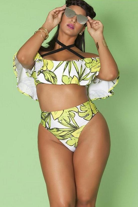 Plus Size Ruffle Off Shoulder High Leg Bikini Swimsuit - Two Piece Set-yoyobikini