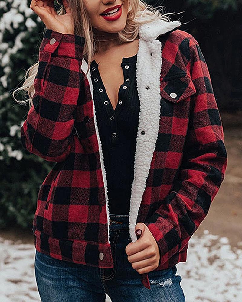 Thermal Lined Plaid Button Up Flap Pocket Coat-yoyobikini