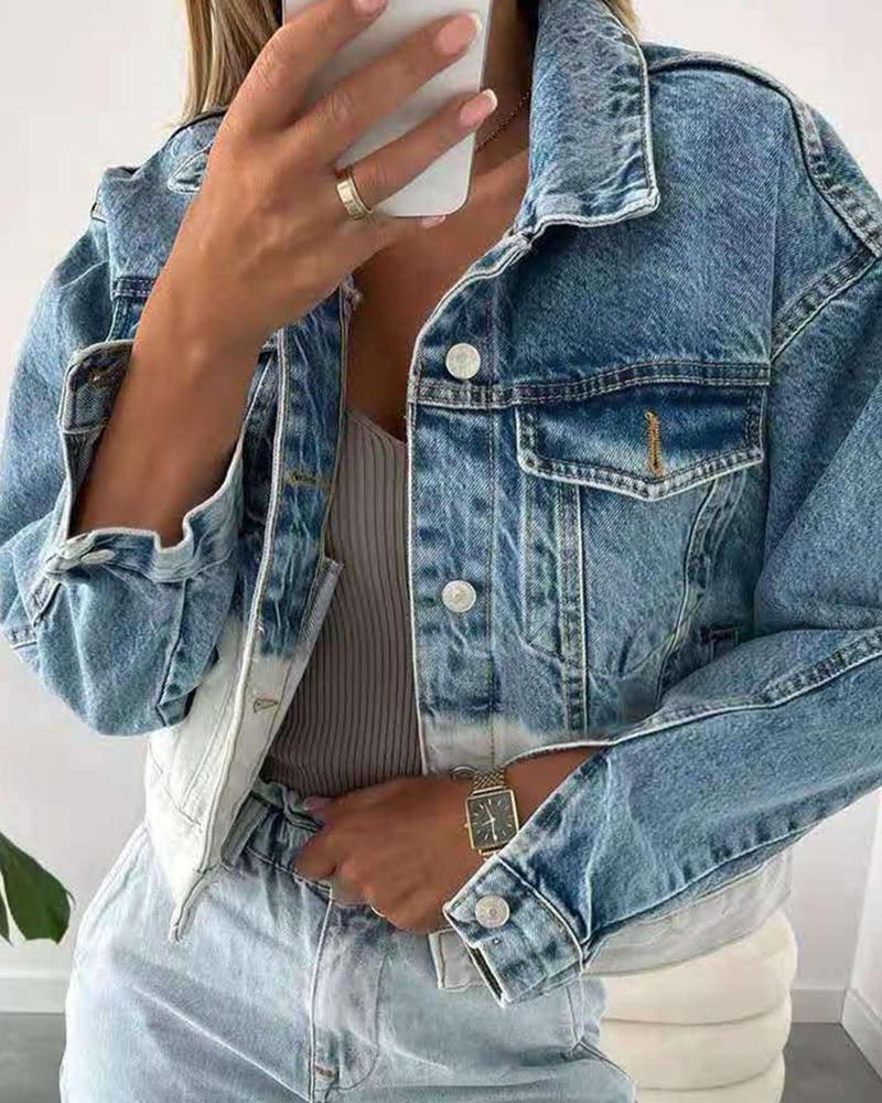Two Tone Button Front Flap Pocket Denim Jacket-yoyobikini