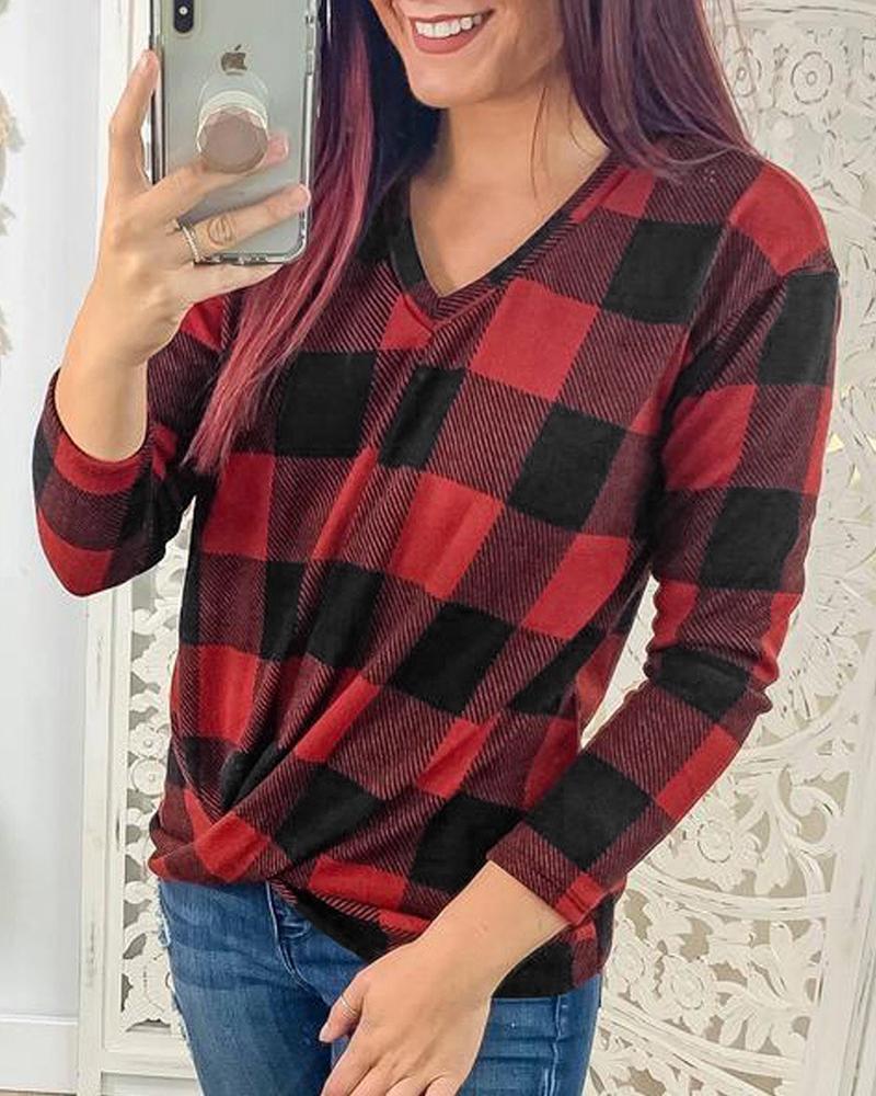 V Neck Long Sleeve Plaid Top-yoyobikini